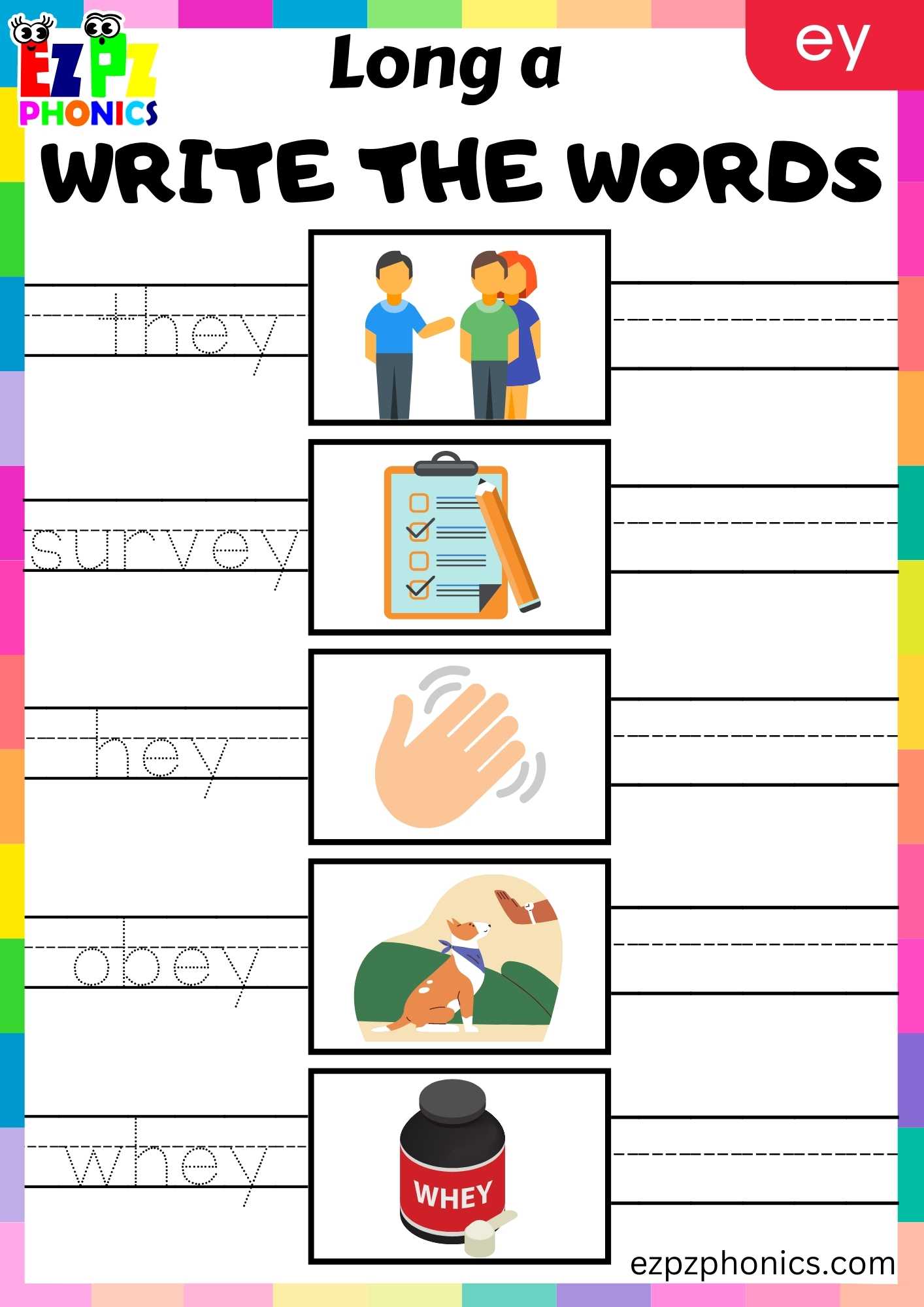 EY Words Write The Words Long A Phonics Worksheet